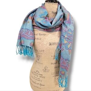 Pashmina 100% Cashmere Turquoise Blue Floral Scarves/Wrap - OS